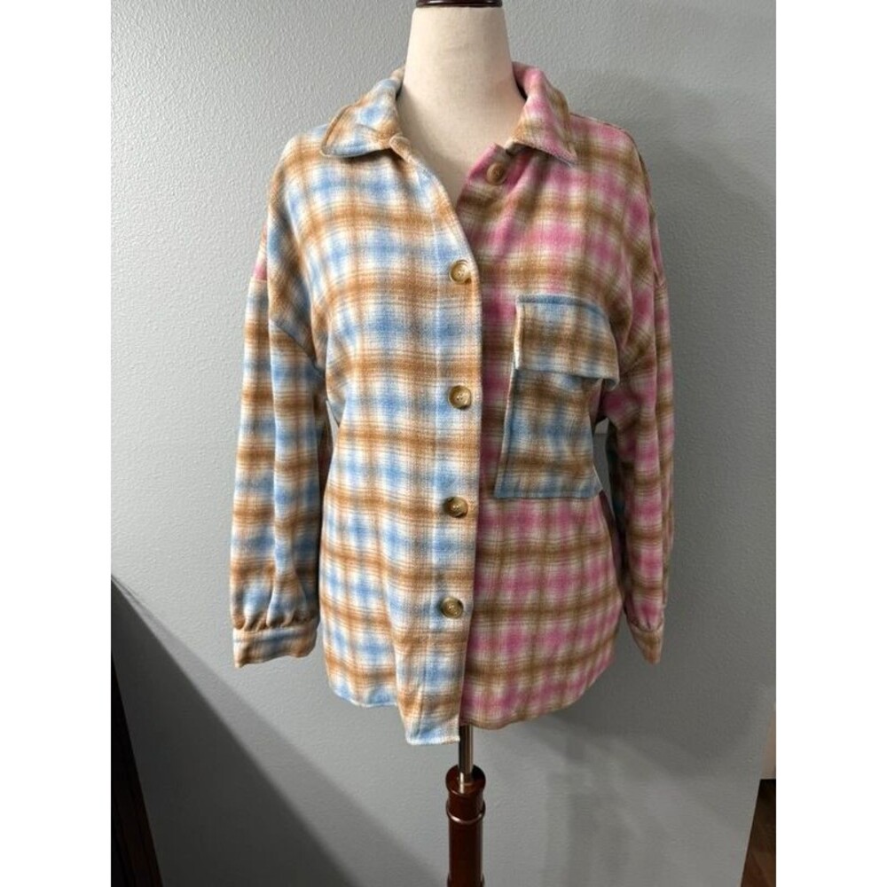 Patchwork Plaid Flannel Shacket with Side Pockets Large